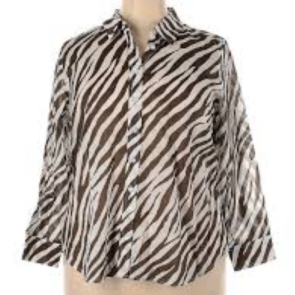 Talbots 100% cotton semi sheer brown zebra print button up shirt, size 2XL
